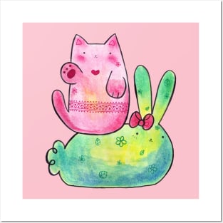 Pink Cat and Green Bunny Posters and Art